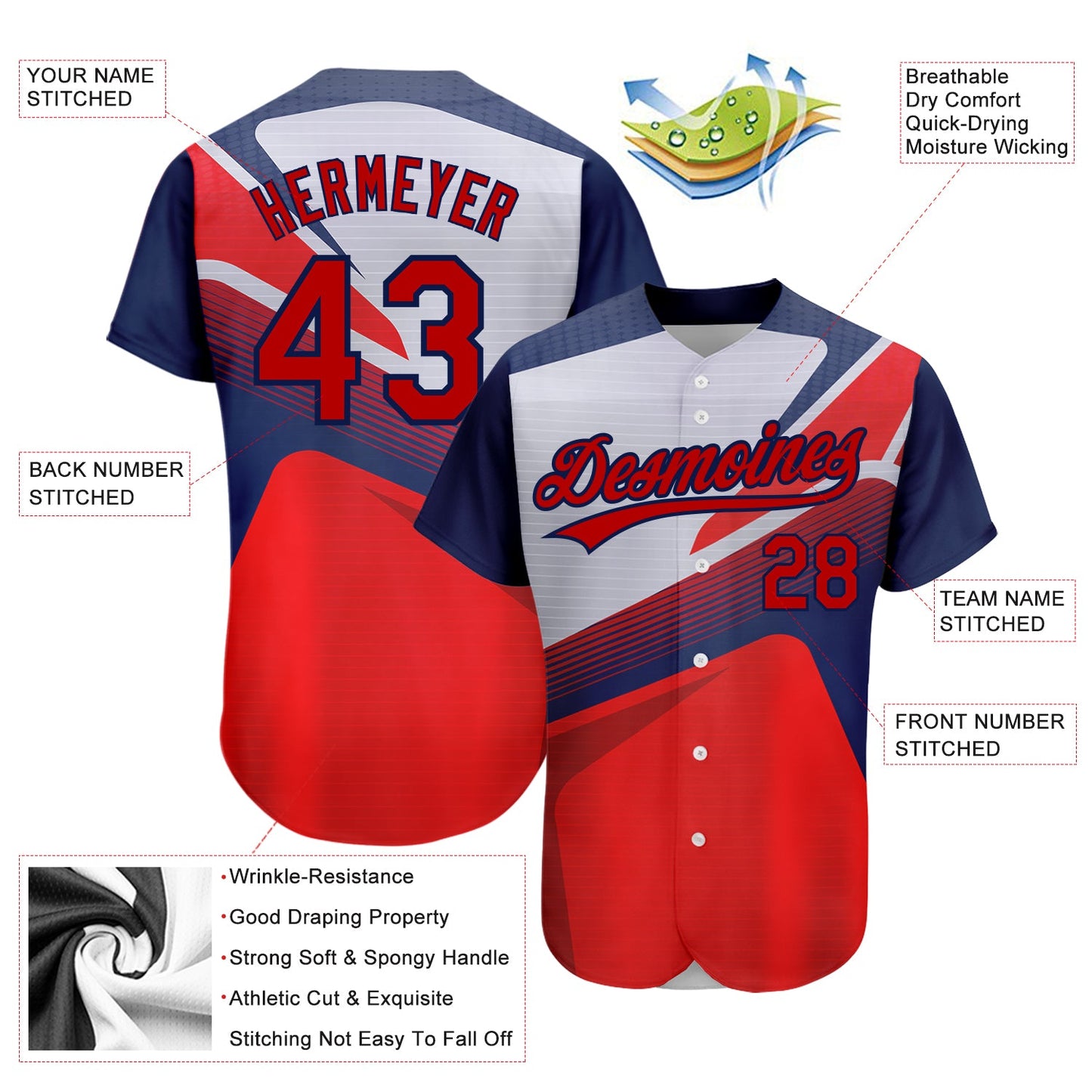 Custom Red Navy 3D Pattern Design Abstract Sport Authentic Baseball Jersey - Sky-Custom