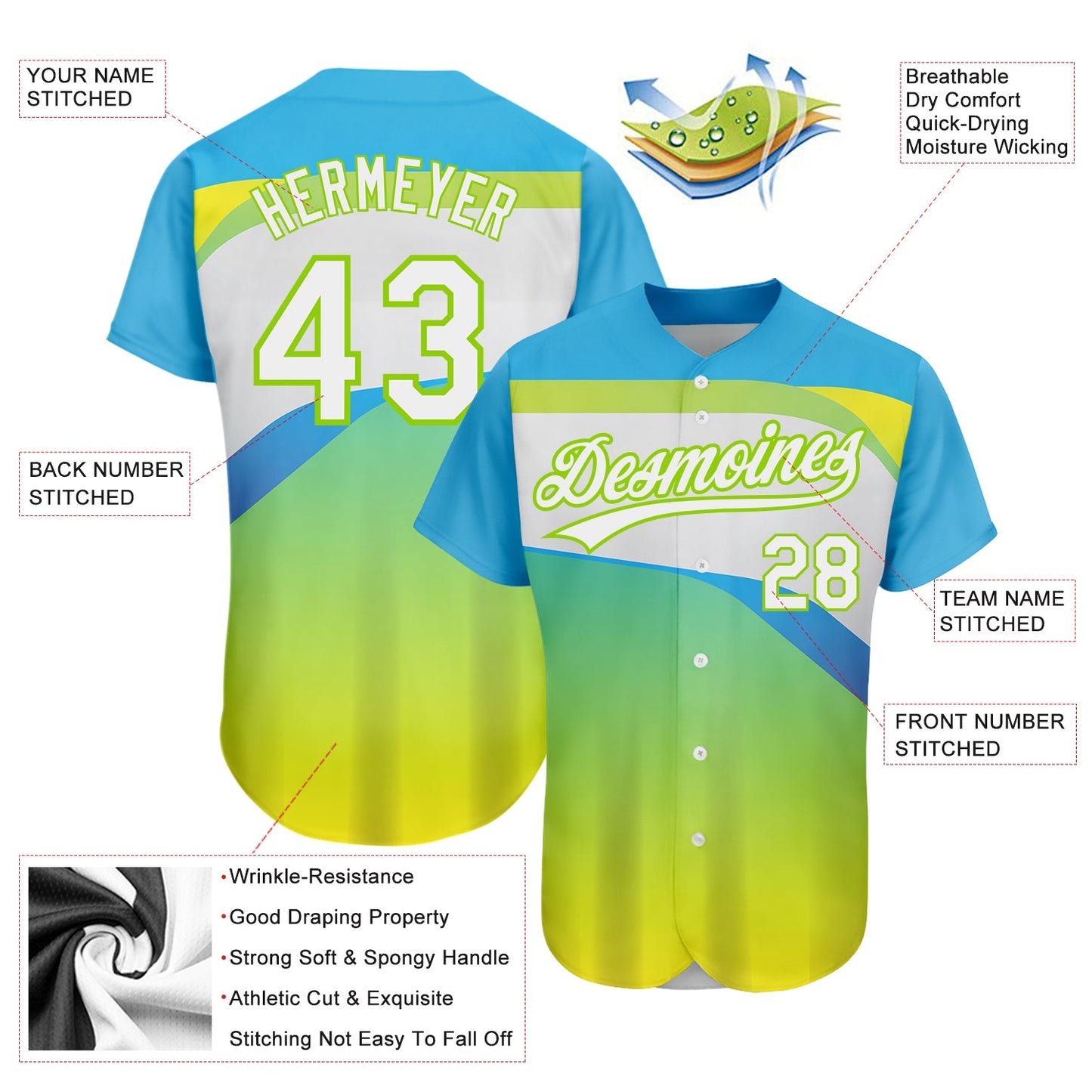 Custom Neon Green White-Sky Blue 3D Pattern Design Abstract Sport Authentic Baseball Jersey - Sky-Custom