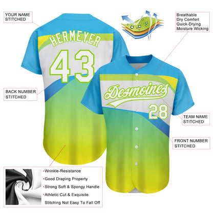Custom Neon Green White-Sky Blue 3D Pattern Design Abstract Sport Authentic Baseball Jersey - Sky-Custom