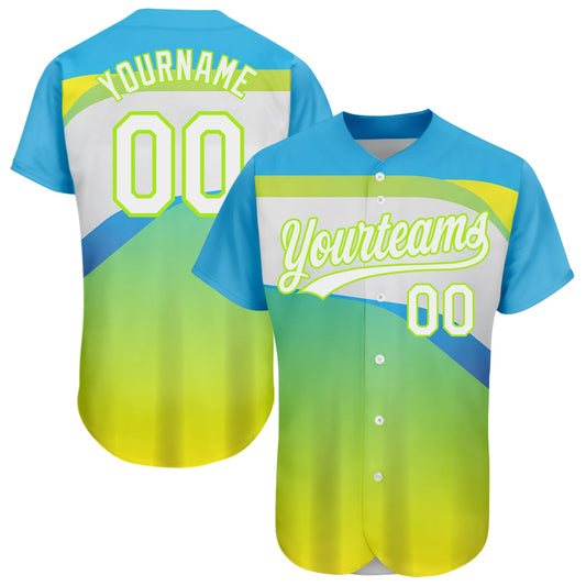 Custom Neon Green White-Sky Blue 3D Pattern Design Abstract Sport Authentic Baseball Jersey - Sky-Custom