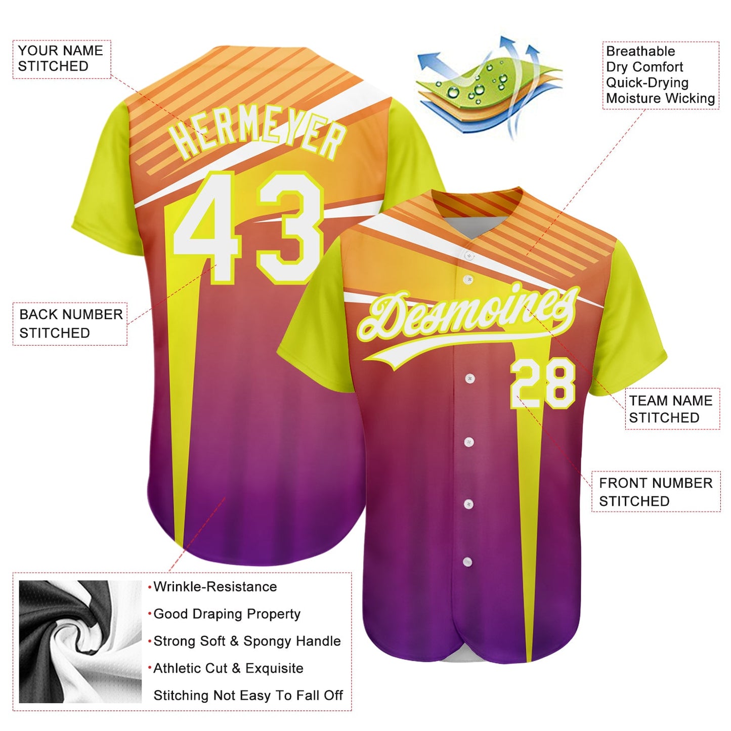 Custom Orange White Purple-Neon Yellow 3D Pattern Design Abstract Sport Authentic Baseball Jersey - Sky-Custom