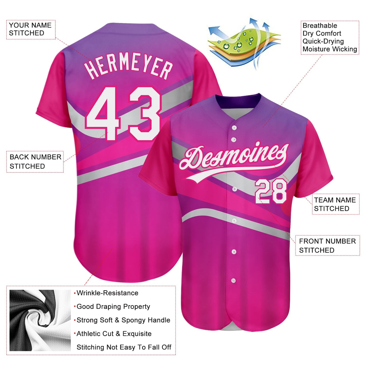 Custom Purple White-Hot Pink 3D Pattern Design Abstract Sport Authentic Baseball Jersey - Sky-Custom