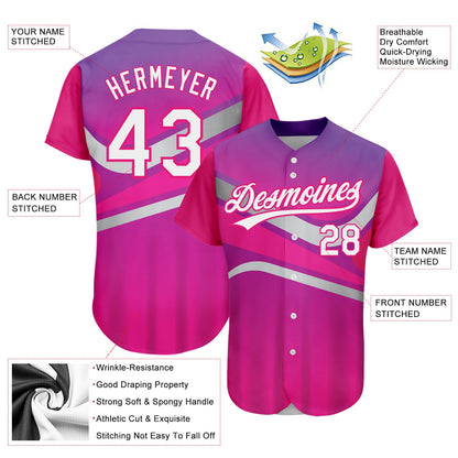 Custom Purple White-Hot Pink 3D Pattern Design Abstract Sport Authentic Baseball Jersey - Sky-Custom