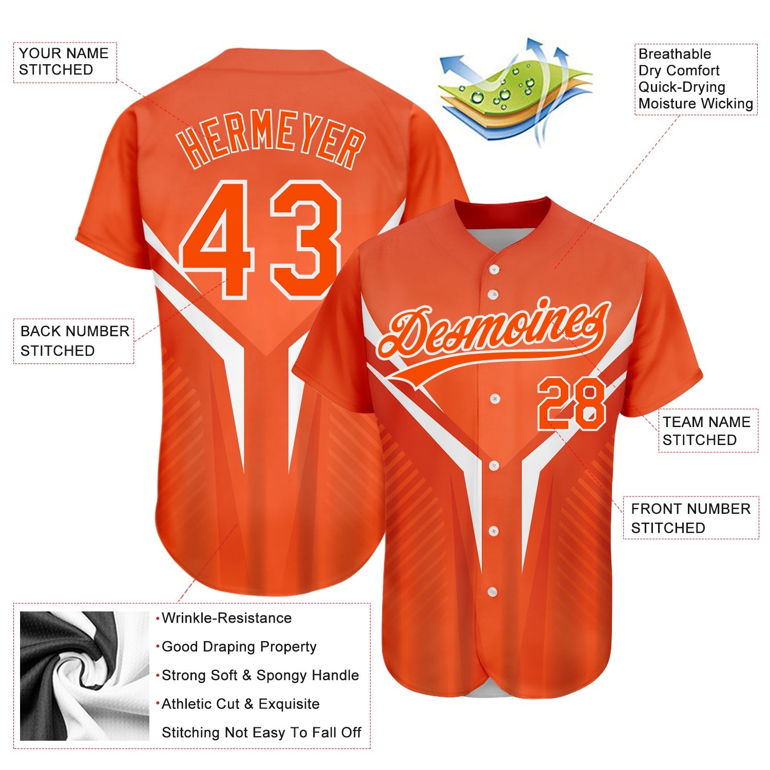 Custom Orange White 3D Pattern Design Abstract Sport Authentic Baseball Jersey - Sky-Custom