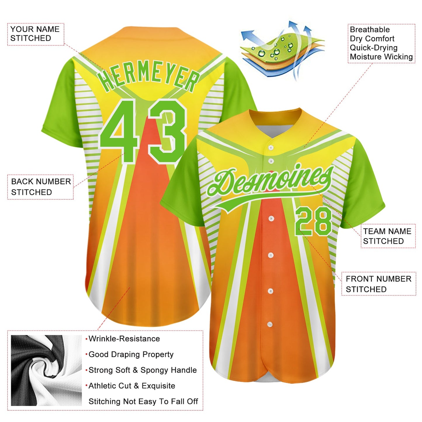 Custom Orange Neon Green-White 3D Pattern Design Abstract Sport Authentic Baseball Jersey - Sky-Custom
