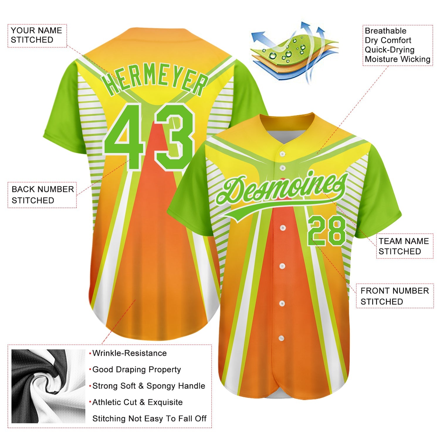 Custom Orange Neon Green-White 3D Pattern Design Abstract Sport Authentic Baseball Jersey - Sky-Custom