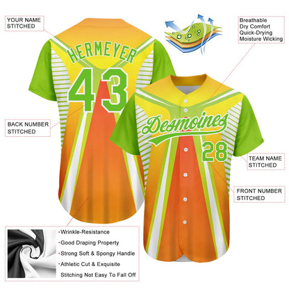 Custom Orange Neon Green-White 3D Pattern Design Abstract Sport Authentic Baseball Jersey - Sky-Custom