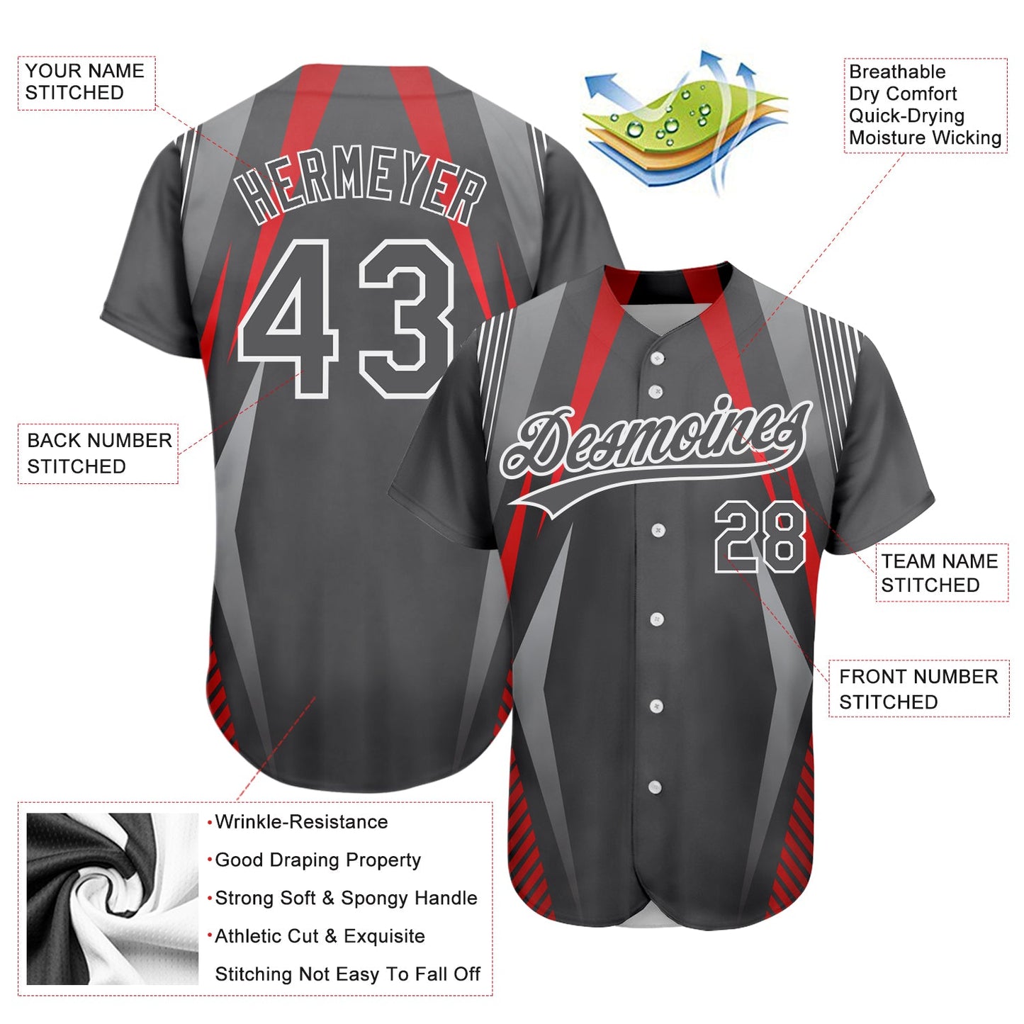 Custom Steel Gray Red-White 3D Pattern Design Abstract Sport Authentic Baseball Jersey - Sky-Custom