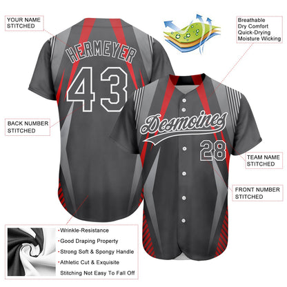 Custom Steel Gray Red-White 3D Pattern Design Abstract Sport Authentic Baseball Jersey - Sky-Custom