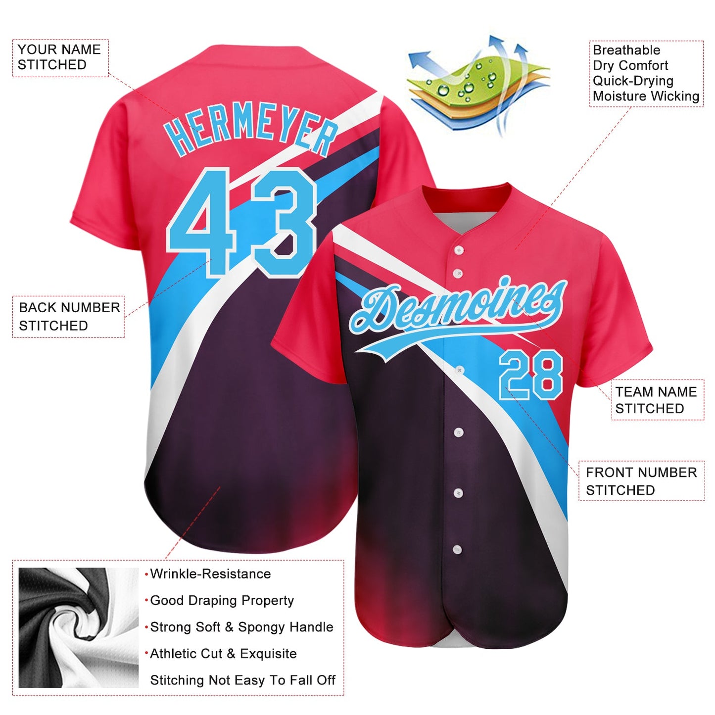Custom Neon Pink Sky Blue Purple-White 3D Pattern Design Abstract Sport Authentic Baseball Jersey - Sky-Custom