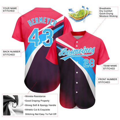 Custom Neon Pink Sky Blue Purple-White 3D Pattern Design Abstract Sport Authentic Baseball Jersey - Sky-Custom