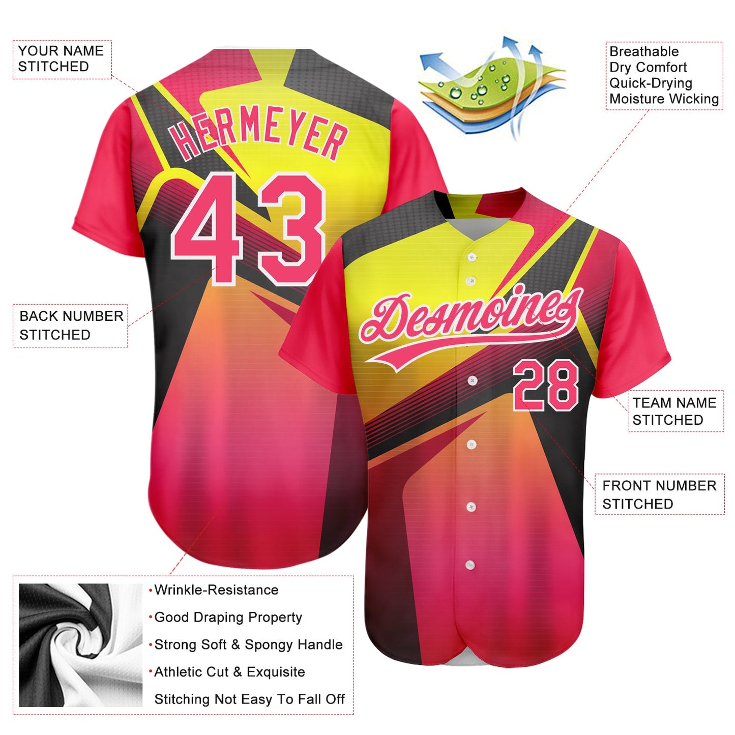 Custom Neon Pink Neon Yellow-White 3D Pattern Design Abstract Sport Authentic Baseball Jersey - Sky-Custom