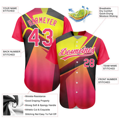 Custom Neon Pink Neon Yellow-White 3D Pattern Design Abstract Sport Authentic Baseball Jersey - Sky-Custom