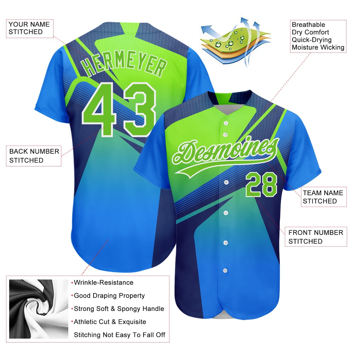 Custom Royal Neon Green-White 3D Pattern Design Abstract Sport Authentic Baseball Jersey - Sky-Custom