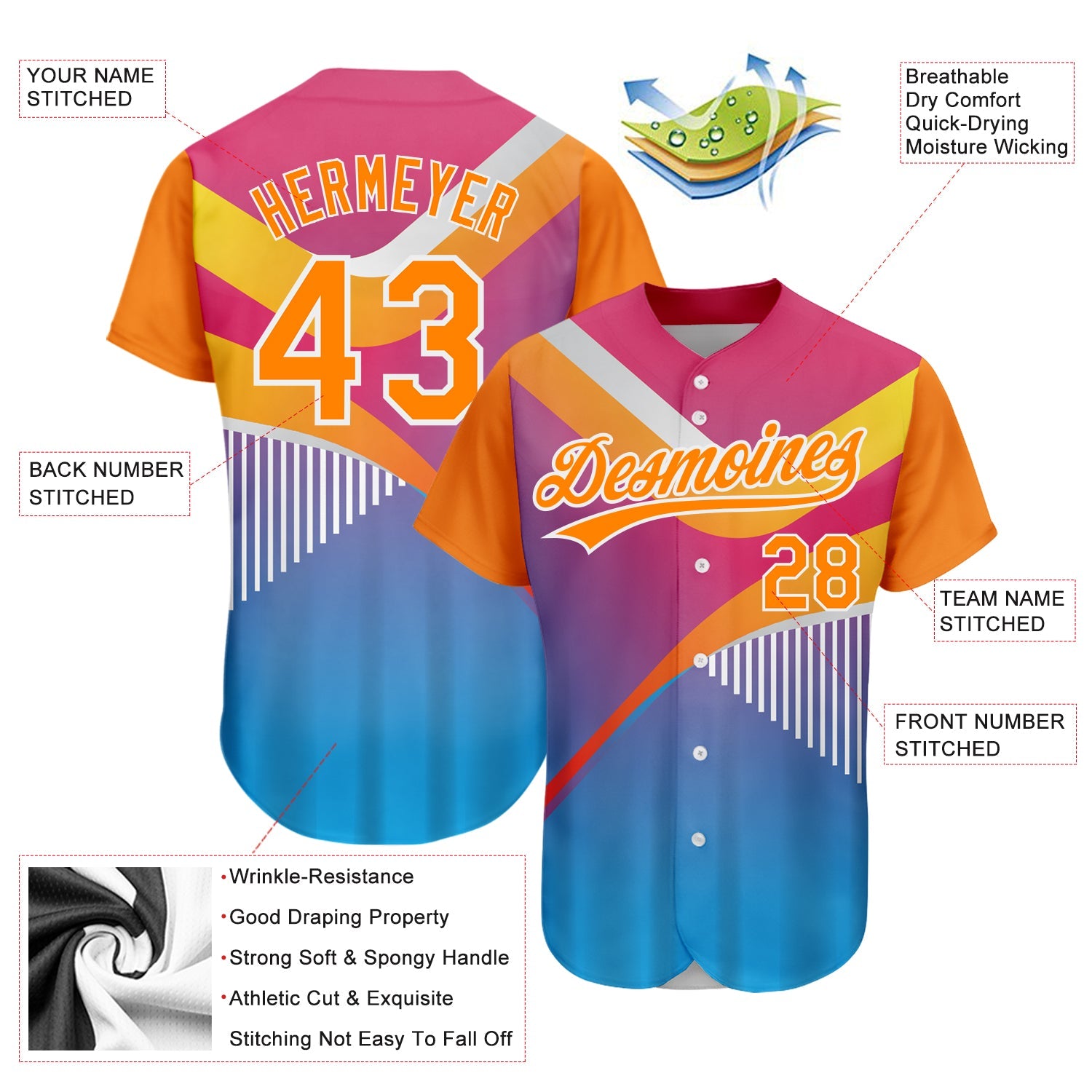 Custom Pink Bay Orange Light Blue-White 3D Pattern Design Abstract Sport Authentic Baseball Jersey - Sky-Custom