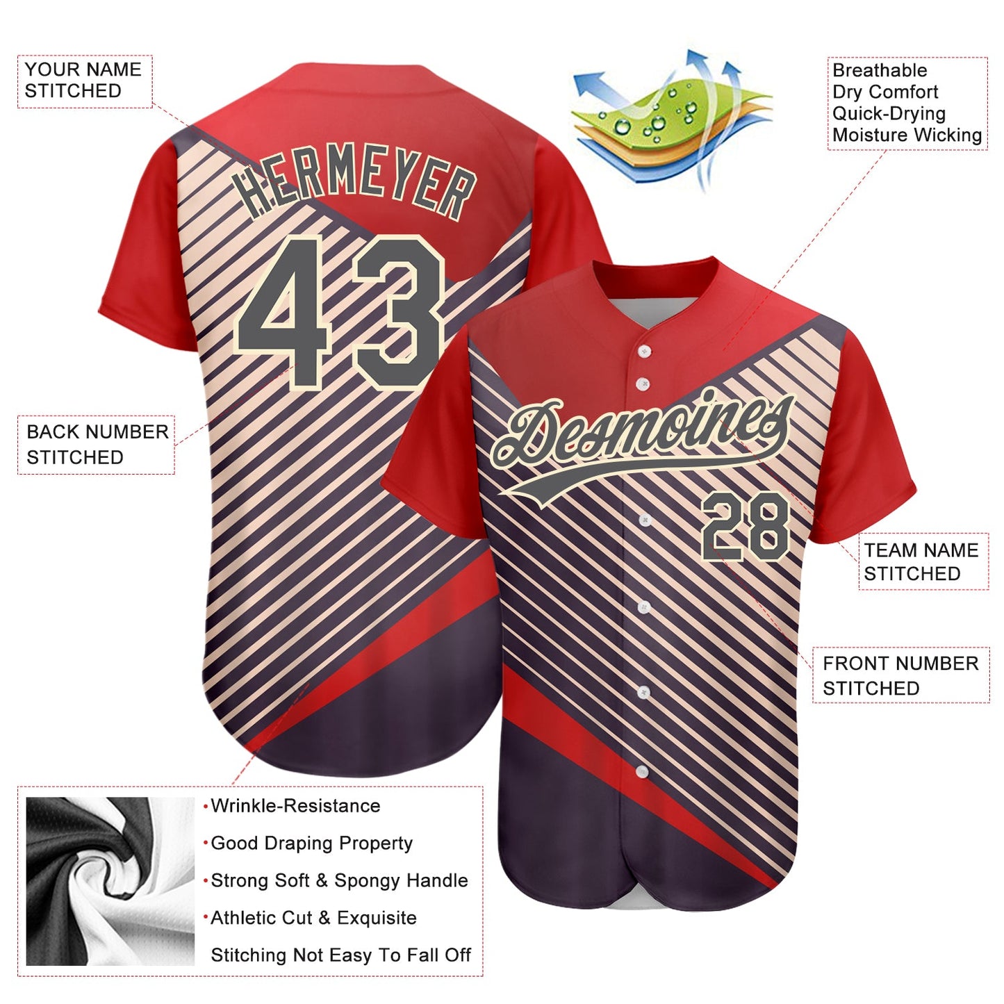 Custom Red Steel Gray=Cream 3D Pattern Design Abstract Sport Authentic Baseball Jersey - Sky-Custom