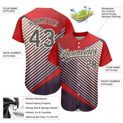 Custom Red Steel Gray=Cream 3D Pattern Design Abstract Sport Authentic Baseball Jersey - Sky-Custom