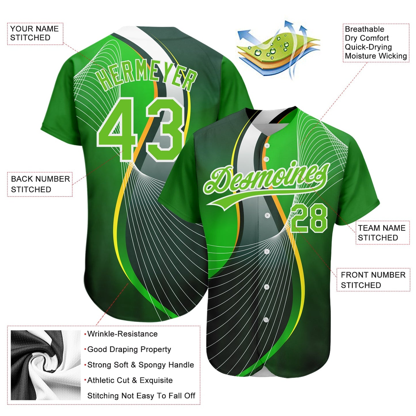 Custom Aurora Green Green-White 3D Pattern Design Abstract Sport Authentic Baseball Jersey - Sky-Custom