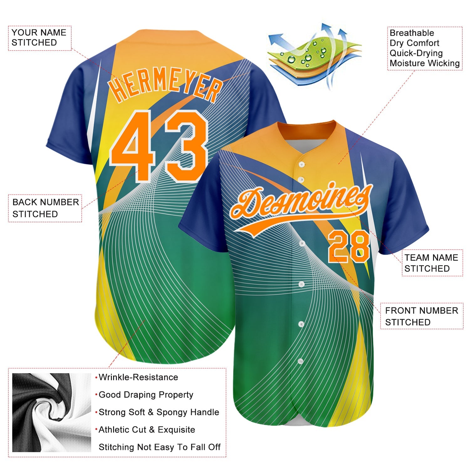 Custom Kelly Green Bay Orange-White 3D Pattern Design Abstract Sport Authentic Baseball Jersey - Sky-Custom
