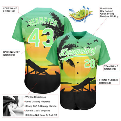Custom Pea Green Black-White 3D Pattern Design Hawaii Palm Trees And Beach Sunset Authentic Baseball Jersey - Sky-Custom