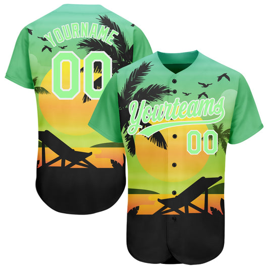 Custom Pea Green Black-White 3D Pattern Design Hawaii Palm Trees And Beach Sunset Authentic Baseball Jersey - Sky-Custom