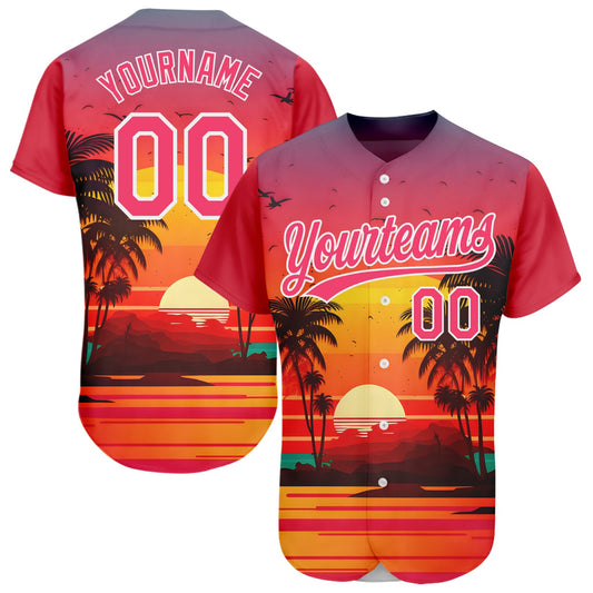 Custom Neon Pink White 3D Pattern Design Hawaii Palm Trees And Beach Sunrise Authentic Baseball Jersey - Sky-Custom