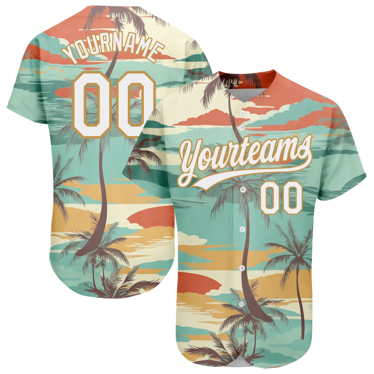 Custom Aqua White-Old Gold 3D Pattern Design Cartoon Hawaii Palm Trees Authentic Baseball Jersey - Sky-Custom