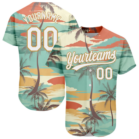 Custom Aqua White-Old Gold 3D Pattern Design Cartoon Hawaii Palm Trees Authentic Baseball Jersey - Sky-Custom