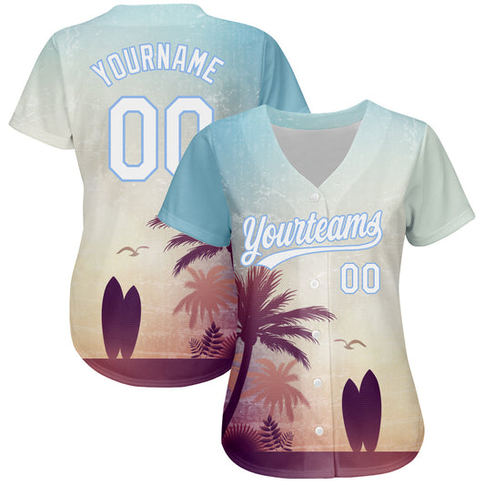 Custom Light Blue White 3D Pattern Design Hawaii Palm Trees And Beach Dusk Authentic Baseball Jersey - Sky-Custom