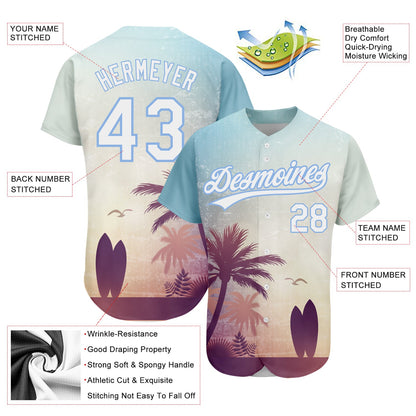 Custom Light Blue White 3D Pattern Design Hawaii Palm Trees And Beach Dusk Authentic Baseball Jersey - Sky-Custom