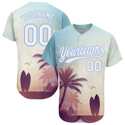 Custom Light Blue White 3D Pattern Design Hawaii Palm Trees And Beach Dusk Authentic Baseball Jersey - Sky-Custom