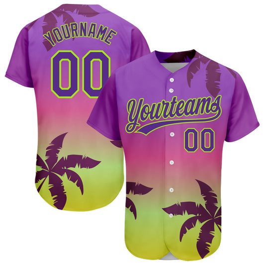 Custom Purple Neon Green 3D Pattern Design Hawaii Palm Trees Authentic Baseball Jersey - Sky-Custom