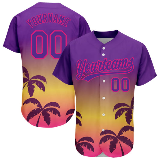 Custom Purple Hot Pink 3D Pattern Design Hawaii Palm Trees Authentic Baseball Jersey - Sky-Custom
