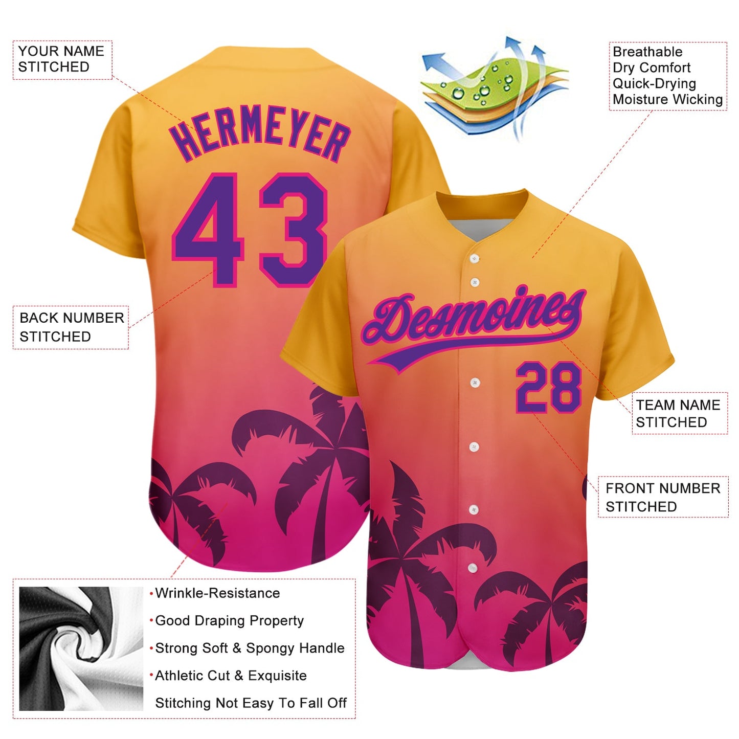 Custom Gold Purple-Hot Pink 3D Pattern Design Hawaii Palm Trees Authentic Baseball Jersey - Sky-Custom
