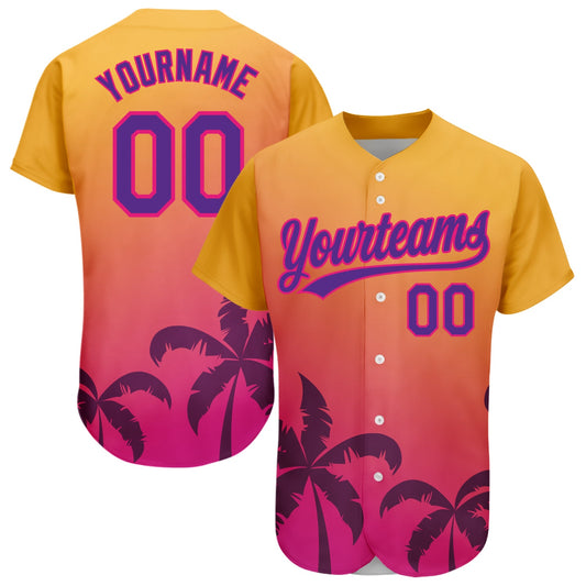 Custom Gold Purple-Hot Pink 3D Pattern Design Hawaii Palm Trees Authentic Baseball Jersey - Sky-Custom