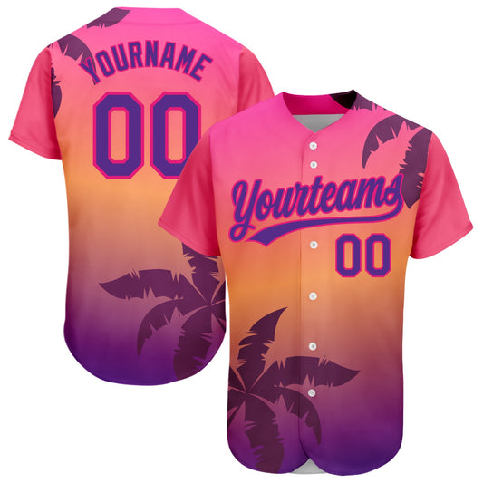 Custom Hot Pink Purple 3D Pattern Design Hawaii Palm Trees Authentic Baseball Jersey - Sky-Custom
