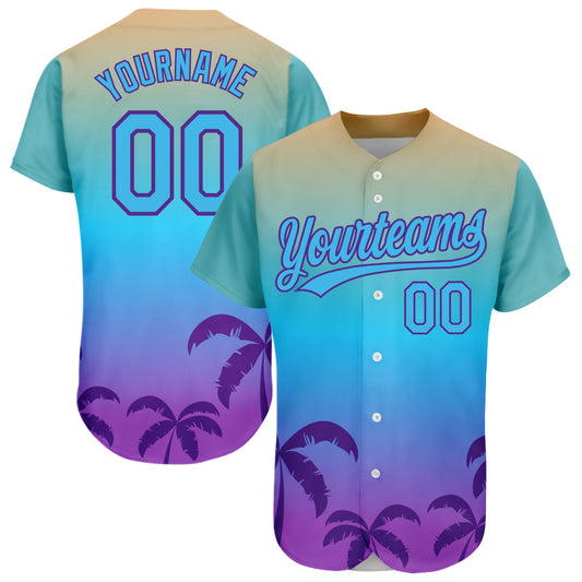 Custom Sky Blue Purple 3D Pattern Design Hawaii Palm Trees Authentic Baseball Jersey - Sky-Custom