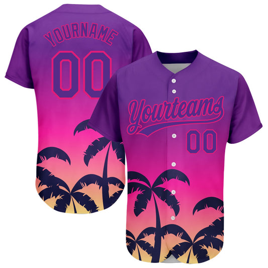 Custom Purple Hot Pink 3D Pattern Design Hawaii Palm Trees Authentic Baseball Jersey - Sky-Custom
