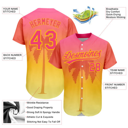 Custom Neon Pink Yellow 3D Pattern Design Hawaii Palm Trees Authentic Baseball Jersey - Sky-Custom
