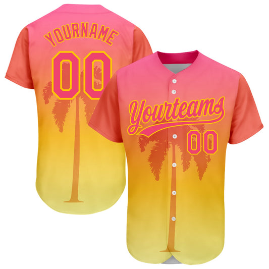 Custom Neon Pink Yellow 3D Pattern Design Hawaii Palm Trees Authentic Baseball Jersey - Sky-Custom