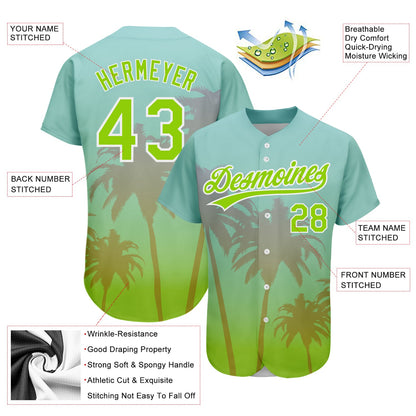 Custom Aqua Neon Green-White 3D Pattern Design Hawaii Palm Trees Authentic Baseball Jersey - Sky-Custom