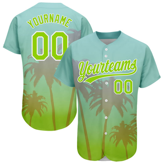 Custom Aqua Neon Green-White 3D Pattern Design Hawaii Palm Trees Authentic Baseball Jersey - Sky-Custom