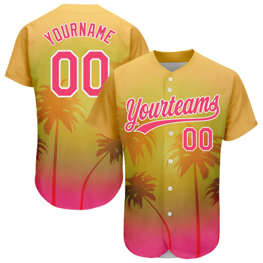 Custom Gold Neon Pink-White 3D Pattern Design Hawaii Palm Trees Authentic Baseball Jersey - Sky-Custom