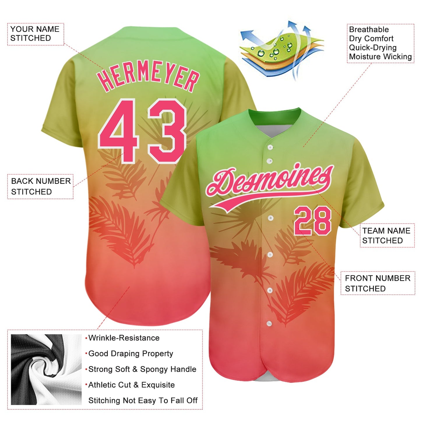 Custom Neon Green Neon Pink-White 3D Pattern Design Hawaii Palm Leaves Authentic Baseball Jersey - Sky-Custom