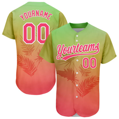 Custom Neon Green Neon Pink-White 3D Pattern Design Hawaii Palm Leaves Authentic Baseball Jersey - Sky-Custom