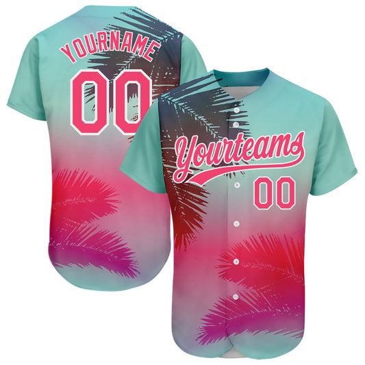 Custom Aqua Neon Pink-White 3D Pattern Design Hawaii Palm Leaves Authentic Baseball Jersey - Sky-Custom