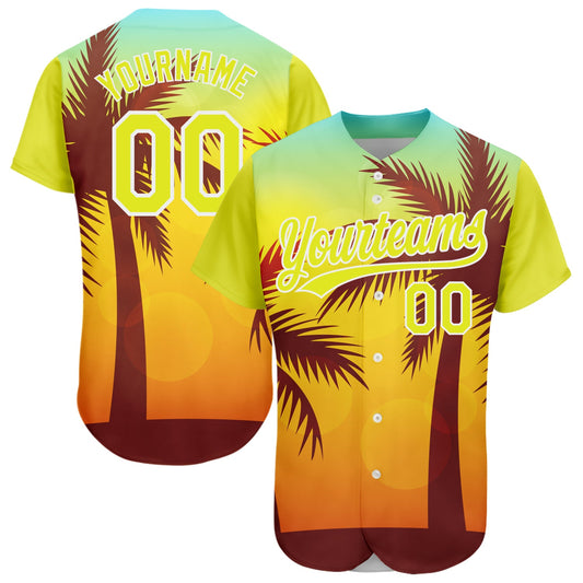 Custom Gold Neon Yellow-White 3D Pattern Design Hawaii Palm Trees Authentic Baseball Jersey - Sky-Custom