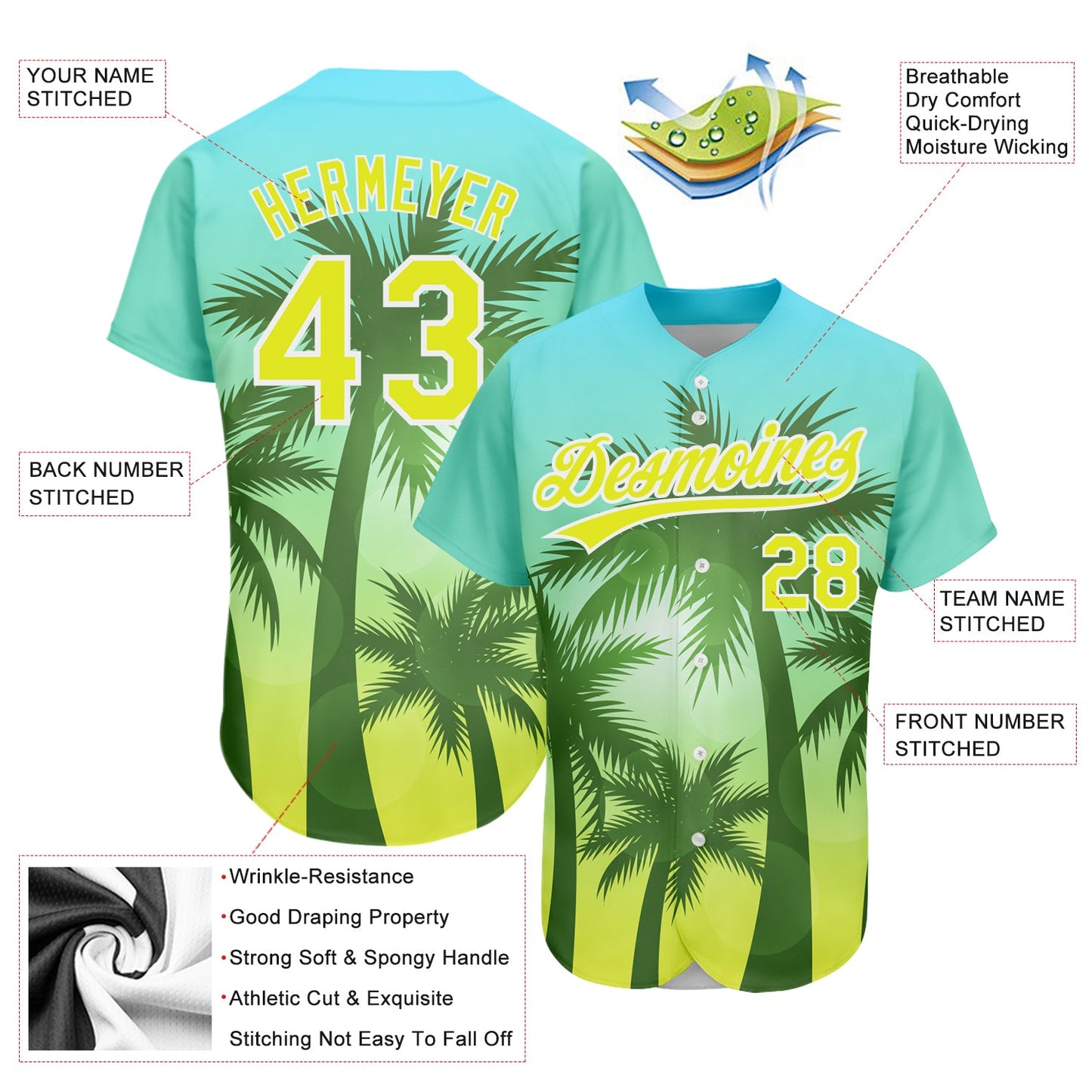 Custom Light Blue Neon Yellow-White 3D Pattern Design Hawaii Palm Trees Authentic Baseball Jersey - Sky-Custom