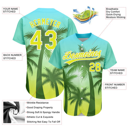 Custom Light Blue Neon Yellow-White 3D Pattern Design Hawaii Palm Trees Authentic Baseball Jersey - Sky-Custom