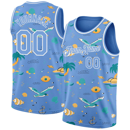 Custom Light Blue White 3D Pattern Hawaii Beach Palm Trees Authentic Basketball Jersey - Sky-Custom